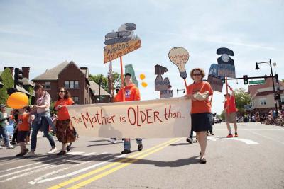 Students and faculty from the Mather Elementary School marched in the Dorchester Day Parade last June to highlight their 375th anniversary, which will be officially marked next week. Photo courtesy Marie Zemler-Wu